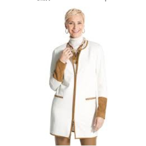 Chico's Jackets & Blazers - Chico's White Ponte Knit Suede Cuff Blazer Jacker Womens 1 Beige Brown Full Zip